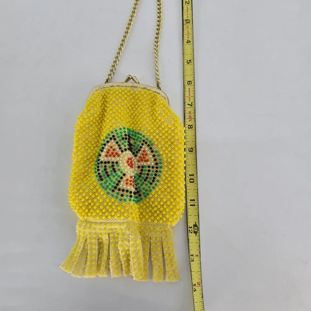 Vintage Thunderbird Indy 500 Beaded Souvenir Purse Yellow Fringe Kiss Lock